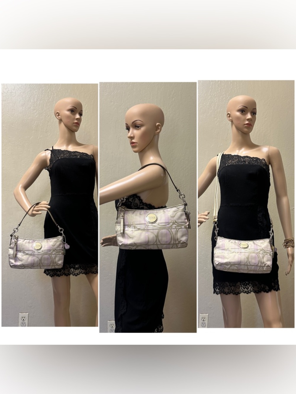 COACH Metallic Beige & Lilac Plaid Signature Shoulder Bag - Picture 16 of 16